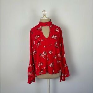 Atmosphere Blouse Red Floral Flare Sleeve Cut Out 6